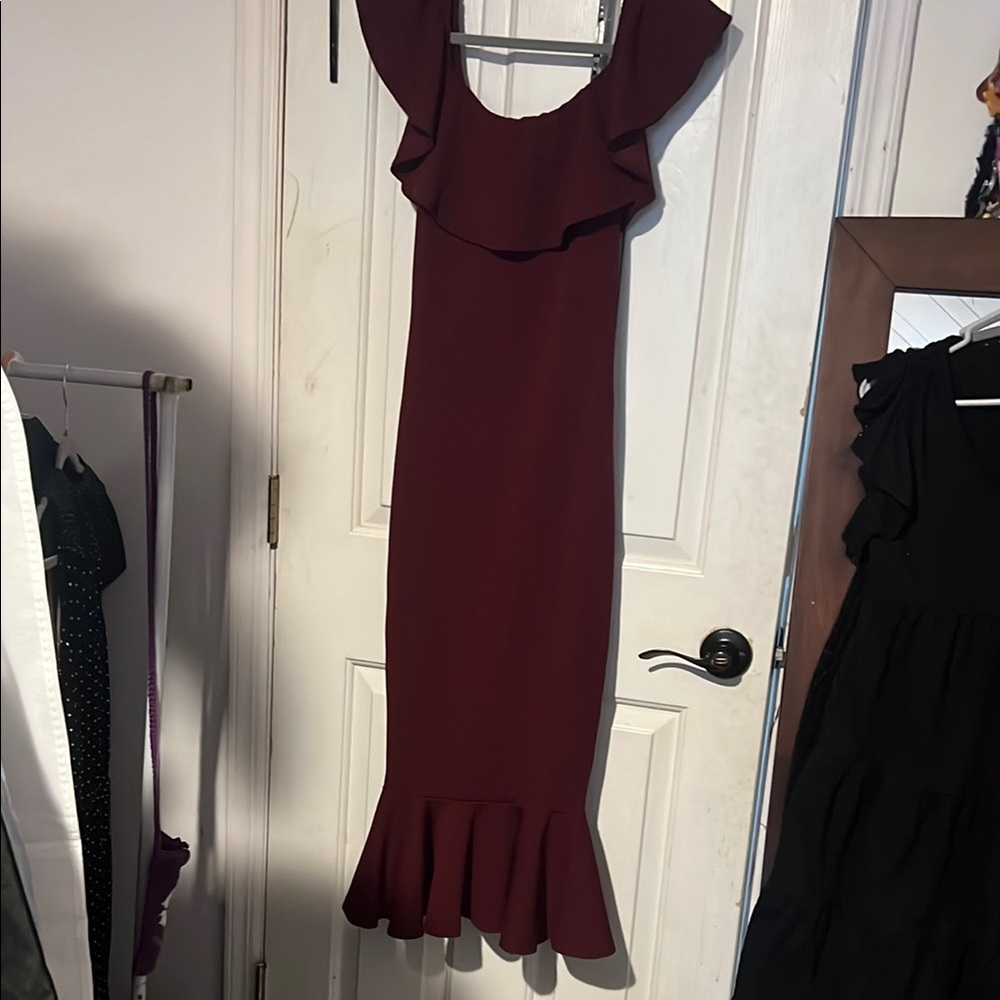 Burgundy Ruffle Off Shoulder Formal Dress